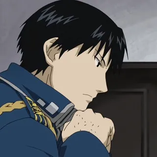 💙 Roy Mustang Fullmetal Alchemist anime, reaction, thinking, pensive, contemplative, Roy Mustang, Fullmetal Alchemist, smirk telegram sticker