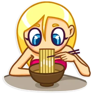 🍜 cartoon, anime, noodles, eating, blonde hair, girl, bowl, chopsticks telegram sticker