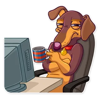 😒 สุนัข, การ์ตูน, คอมพิวเตอร์, เหนื่อย, สำนักงาน, แก้ว telegram sticker