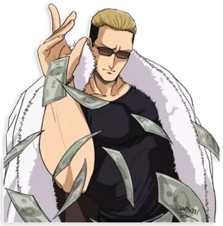 😎 dinero, efectivo, riqueza, lujo, rico, gafas de sol, abrigo de piel, hombre telegram sticker