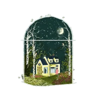 😩 房子, 夜晚, 星星, 月亮, 自然, 树木 telegram sticker