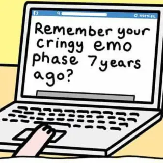 😐 Remember your cringy emo phase 7 years ago? emo, cringe, humor, internet, laptop, meme telegram sticker