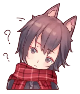 😕 anime, manga, cat ears, scarf, confused, question marks, cute, cartoon telegram sticker