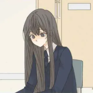 ⛲ chica anime, uniforme escolar, pelo largo, triste, sentada, femenina, dibujo animado telegram sticker