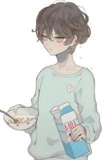 🍶 MILK garçon anime, petit déjeuner, lait, céréales, kawaii telegram sticker