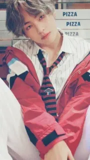 💜 PIZZA man, pizza, kpop, person, red jacket, tie telegram sticker