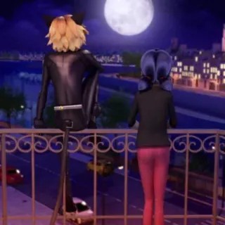👁️ Cat Noir Miraculous: Tales of Ladybug & Cat Noir Kartun, Pasangan, Bulan, Kota, Romansa whatsapp sticker