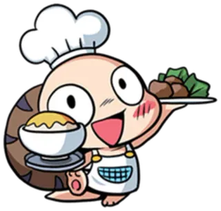 😋 koki, memasak, makanan, imut, anime, kartun, siput, bahagia whatsapp sticker