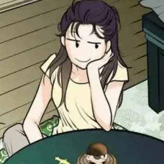🍙 femme, assise, dessin animé, personnage, intérieur telegram sticker