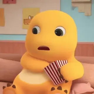 🥴 dinosaur, cartoon, yellow, popcorn, watching, cute, animated whatsapp sticker