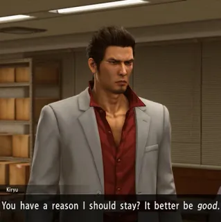 😣 Kiryu Kazuma Yakuza Kiryu. You have a reason I should stay? It better be good. videogioco, personaggio, completo, serio telegram sticker