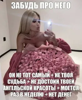 🌟 ЗАБУДЬ ПРО НЕГО
ОН НЕ ТОТ САМЫЙ + НЕ ТВОЯ
СУДЬБА + НЕ ДОСТОИН ТВОЕЙ
АНГЕЛЬСКОЙ КРАСОТЫ + МОЕТСЯ
РАЗ В НЕДЕЛЮ + НЕТ ДЕНЕГ ผู้หญิง, ดอกไม้, ตลก, มีม, เรื่องตลก telegram sticker