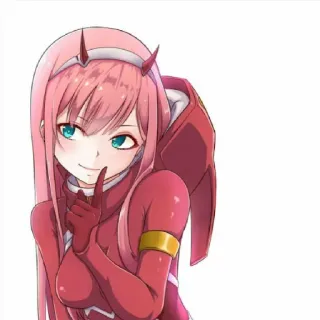 😊 Zero Two Darling in the Franxx 애니메이션, 제로투, 달링 인 더 프랑키스, 캐릭터, 분홍 머리, 뿔, 미소 telegram sticker