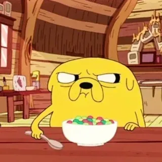 😡 Jake the Dog Adventure Time cartone animato, cane, giallo, colazione, cereali, serie TV, animazione telegram sticker