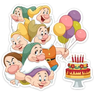 🎂 zwerge, kuchen, ballons, feier, party, cartoon telegram sticker