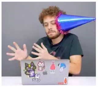 🔮 homme, ordinateur portable, stickers, chapeau de fête, cheveux bouclés whatsapp sticker