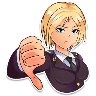 👎 ufficiale, militare, pollice verso, disapprovazione, cartone animato, donna whatsapp sticker