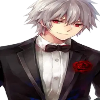 🙂 anime, boy, tuxedo, red eyes, white hair, rose, formal telegram sticker