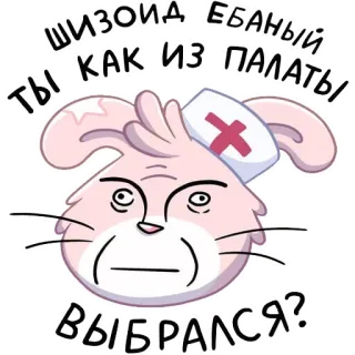 😃 ШИЗОИД ЕБАНЫЙ ТЫ КАК ИЗ ПАЛАТЫ ВЫБРАЛСЯ? kelinci, perawat, menyinggung, rusia, meme telegram sticker