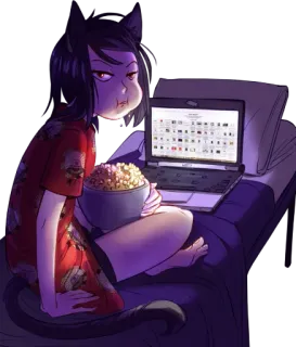 😑 Catgirl, Anime, Palomitas, Viendo, Noche, Portátil whatsapp sticker