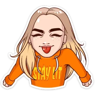 😝 STAY LIT dessin animé, fille, reste allumé, argot, langue, sweat orange, taches de rousseur, cheveux blonds, humour telegram sticker