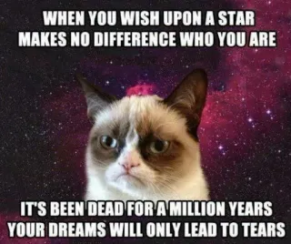 😂 Grumpy Cat WHEN YOU WISH UPON A STAR
MAKES NO DIFFERENCE WHO YOU ARE
IT'S BEEN DEAD FOR A MILLION YEARS
YOUR DREAMS WILL ONLY LEAD TO TEARS 暴躁猫, 表情包, 愤世嫉俗, 猫, 讽刺, 网络迷因 whatsapp sticker