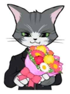 💐 고양이, 꽃다발, 꽃, 동물, 인사말, 정장, 일러스트 telegram sticker