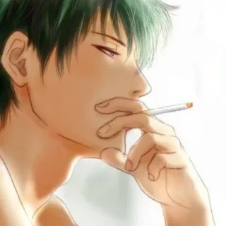 🚬 Anime, Thuốc lá, Hút thuốc, Tóc xanh, Trong nhà, Chân dung, Góc nghiêng whatsapp sticker