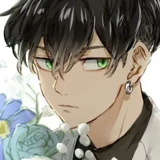 🫁 Anime, Chico, Flores, Ojos verdes, Pendiente, Retrato telegram sticker