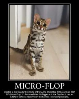 🐱 MICRO-FLOP
Created in the Standard Institute of Irony, the Microflop (MF) counts as 1024
NFS (Nano-Flop) It's less used than his bigger unit, the Flop but it has an
8.45% of softness rate even in the hardest irony compressions. Katze, Meme, Ironie, Tier, lustig telegram sticker