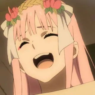 🌷 Zero Two Darling in the Franxx anime, Zero Two, Darling in the Franxx, personagem, sorrindo, coroa de flores telegram sticker