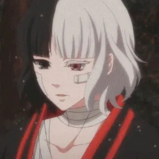 🥯 Anime, Personagem, Garota, Cabelo preto e branco, Bandagem, Olhos vermelhos telegram sticker