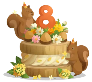 🎂 squirrel, birthday, cake, number 8, acorns, flowers, celebration, cute telegram sticker