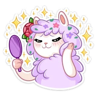 😔 lama, carino, fiore, specchio, animale, cartone animato, alpaca, soffice, scintillio whatsapp sticker