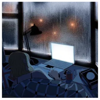 💎 pluie, cosy, ordinateur portable, fenêtre, couverture, nuit, livre, bureau telegram sticker