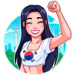 🇰🇷 Corea del Sur, Bandera coreana, Asia, Mujer, Dibujos animados, Seúl, Torre Namsan whatsapp sticker