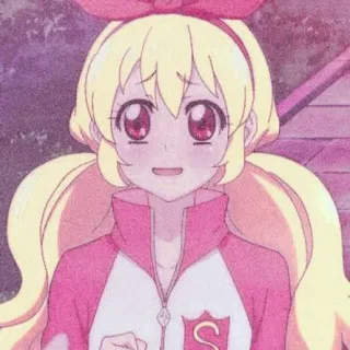 🍓 gadis anime, kartun, rambut pirang, jaket merah muda, pita merah telegram sticker