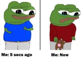😞 Me: 5 secs ago Me: Now Meme, Pepe, Rana, Antes y Después, Emocional, Triste, Llorando telegram sticker