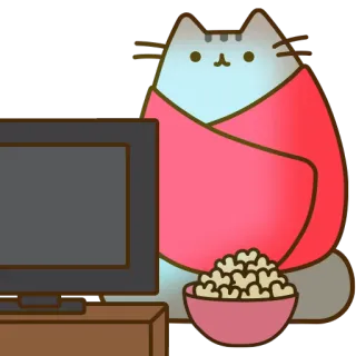 📺 Pusheen 猫, アニメ, テレビ, ポップコーン, 毛布, 居心地の良い, リラックス, かわいい telegram sticker