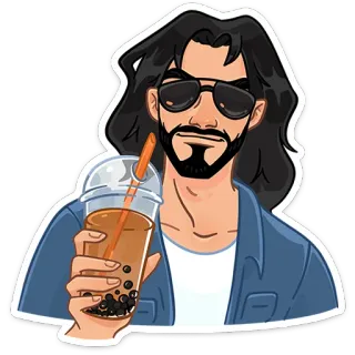 😎 man, sunglasses, drink, boba, bubble tea, casual, long hair telegram sticker