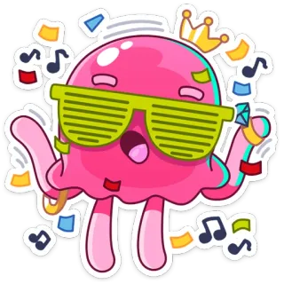 💃 jellyfish, cartoon, party, celebration, music, crown, sunglasses telegram sticker