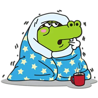 ❄ alligator, cartoon, sick, cold, blanket, coffee, cute telegram sticker