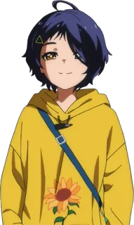 ☺️ Ai Ohto Wonder Egg Priority アニメ, 女の子, 笑顔, キャラクター, かわいい, 黄色いパーカー, ひまわり whatsapp sticker