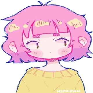 😳 NEMUPAN Anime, pinke Haare, gelber Pullover, süß, kawaii, Cartoon, Porträt telegram sticker