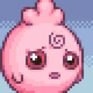 😞 pixel art, personagem, rosa, olhos espiralados, excêntrico telegram sticker