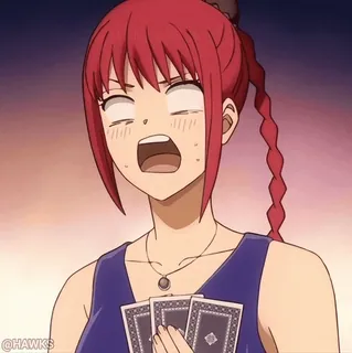 😰 @HAWKS anime, female, playing cards, shocked, red hair, cartoon whatsapp sticker