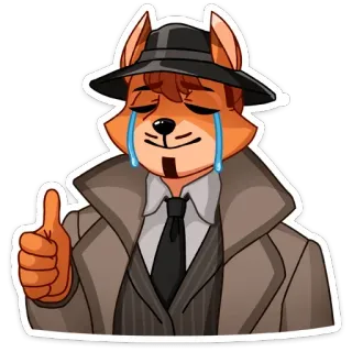 👍 fox, detective, cartoon, animal, hat, thumbs up, sad whatsapp sticker