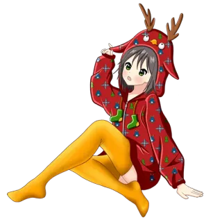 🎄 fille anime, noël, renne, mignon, pyjama, dessin animé whatsapp sticker