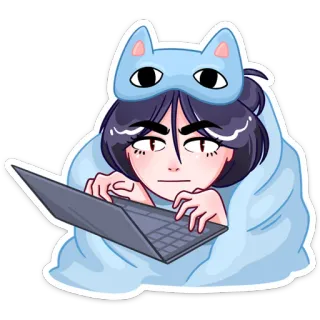 👩‍💻 ผู้หญิง, แล็ปท็อป, ผ้าปิดตา, ผ้าห่ม, คอมพิวเตอร์, การ์ตูน telegram sticker