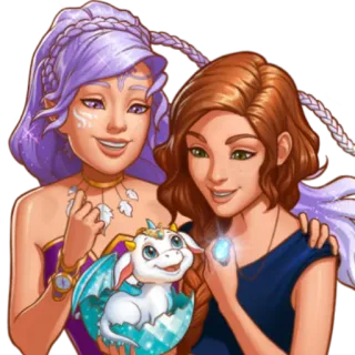 👭 Fantasy, Cartoon, Frauen, Drache, Freundschaft, Süß whatsapp sticker